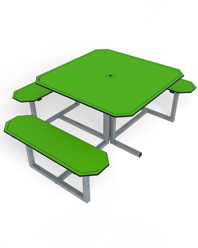 Render of an outdoor picnic table in HPL material.